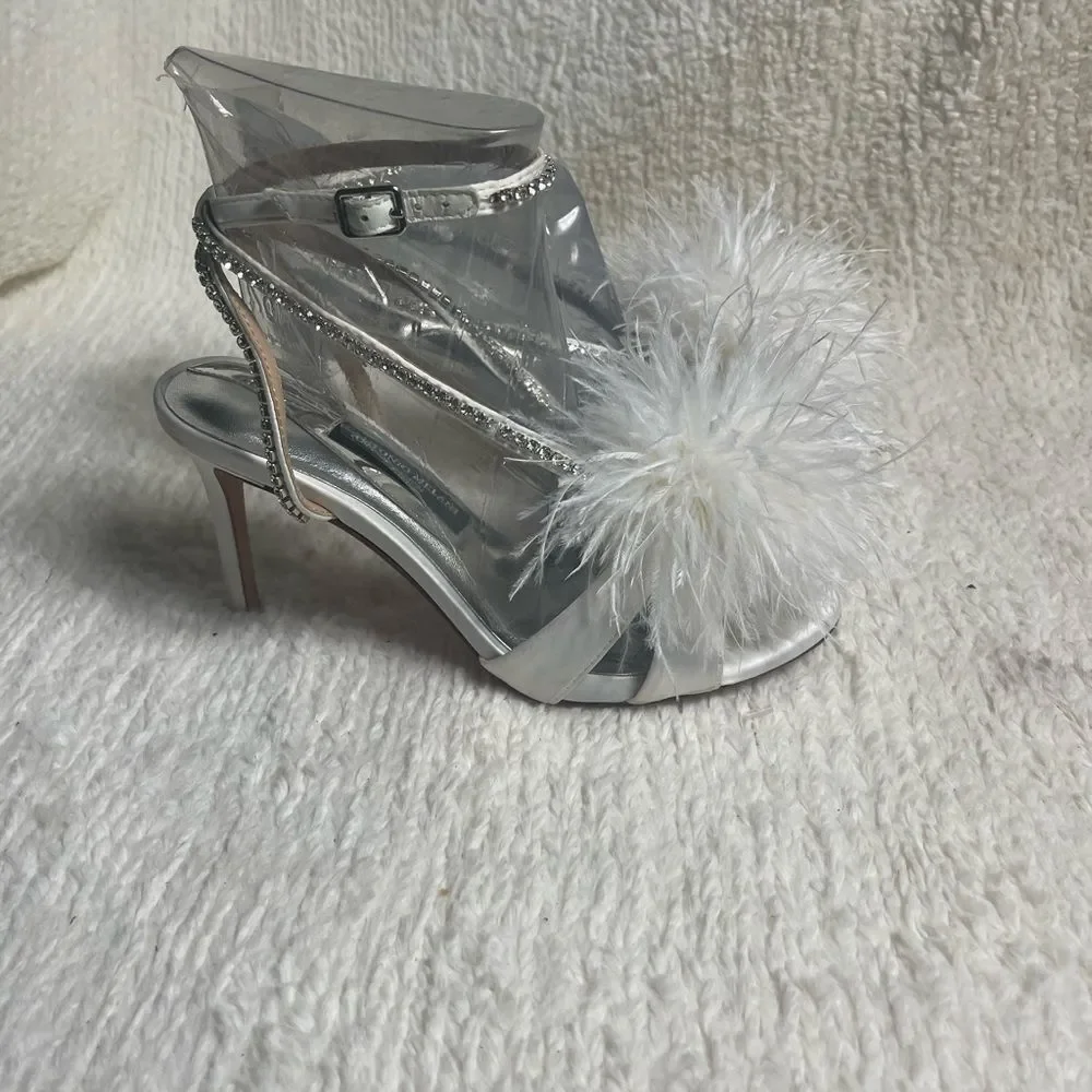 Antonio Melani white Satin Feathered &Rhinestones ankle strap heel Sandals.SZ9M